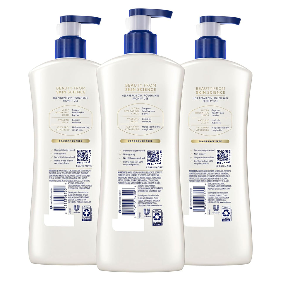 Vaseline Intensive Care Unscented Advanced Repair Body Lotion - Ultra-Hydrating with Lipids for Extremely Dry Skin, 20.3 oz, Pack of 3