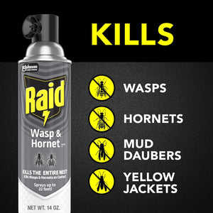 Raid Wasp & Hornet Killer Spray, Bug Killer Kills the Entire Nest, Kills Paper Wasps, Yellow Jackets, Mud Daubers and more, 14 Oz, 2 Count