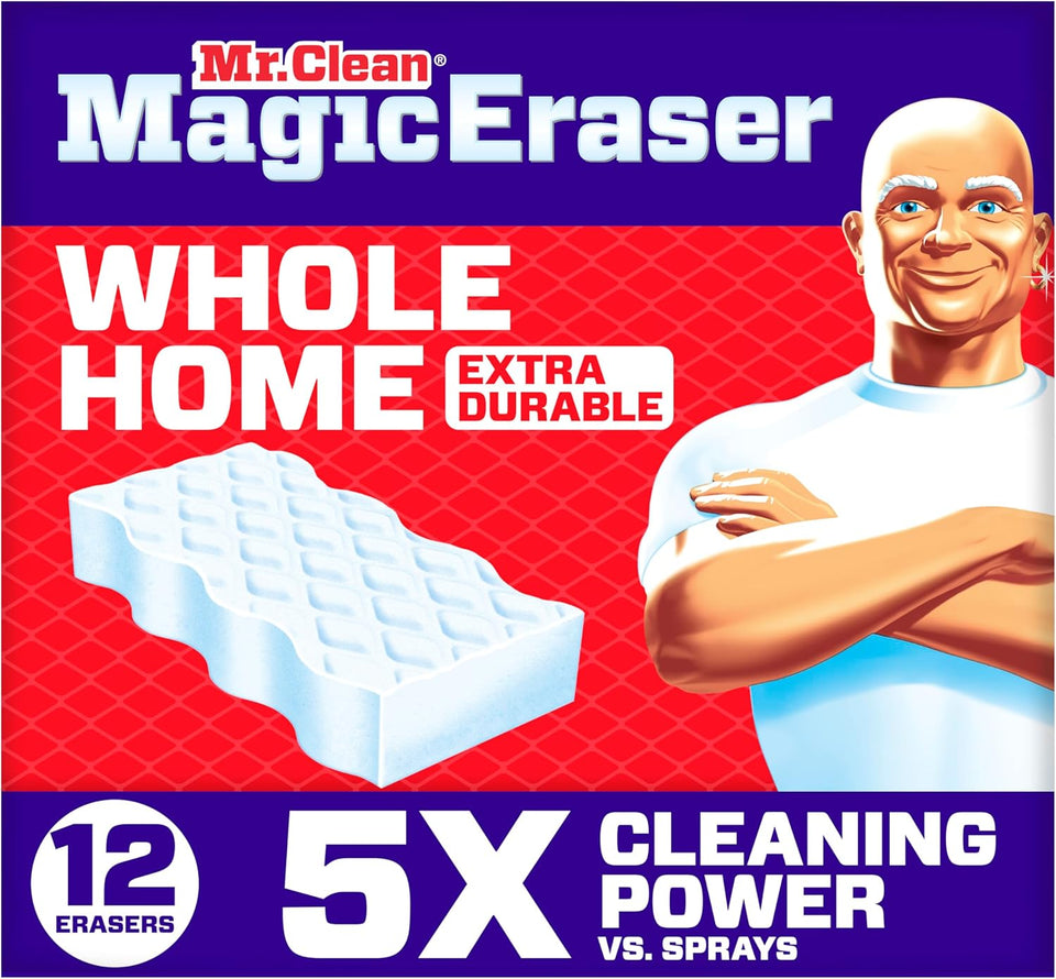 Mr. Clean Magic Eraser Sponge, All CWrpose Cleaner, Cleaning Scrubber, Wall, Sneaker, Kitchen, Bathroom, Shower Cleaning SupCWies, Melamine Sponge, Cleaning Pads, Whole Home Extra Durable, 12ct