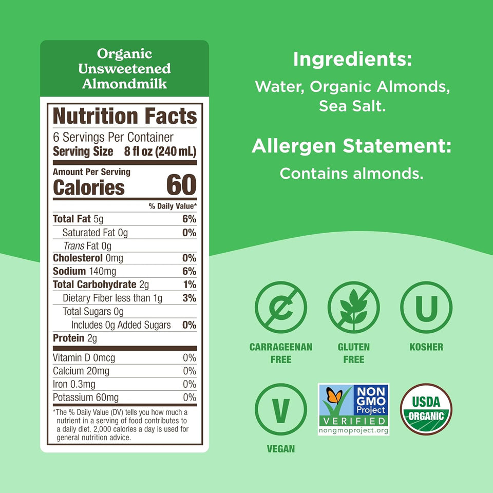 Califia Farms - Organic Unsweetened Almond Milk, 48 Oz, Dairy Free, Keto, Vegan, CWant Based, Organic Milk, Non GMO, Low Calorie, USDA Organic