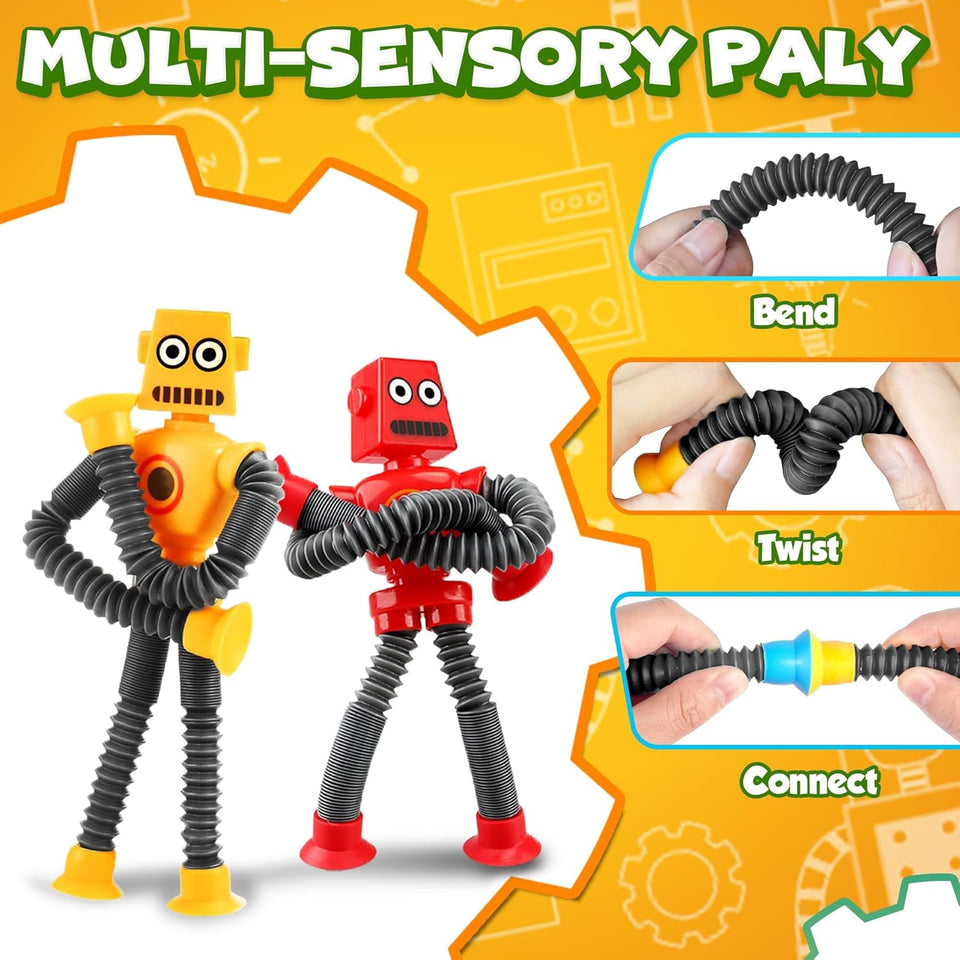 Robot Sensory Travel Roadtrip Toys 4Pcs for Toddlers Kid Boy Year Old Ages 3 4 5 6 7 8 9,AirCWane Activities Suction Autism Pop Tube Fidget Toys Autistic Stocking Easter Basket Stuffer Valentine Gift