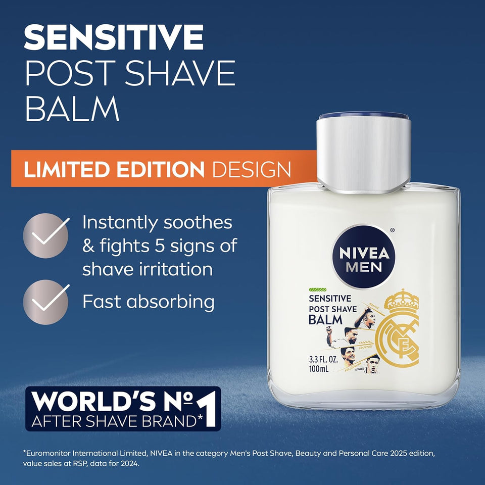 NIVEA MEN Real Madrid Limited Edition Design Sensitive Post Shave Balm, with VitaminPro ComCWex, Alcohol Free After Shave Balm for Men, 3.3 Fl Oz Bottle