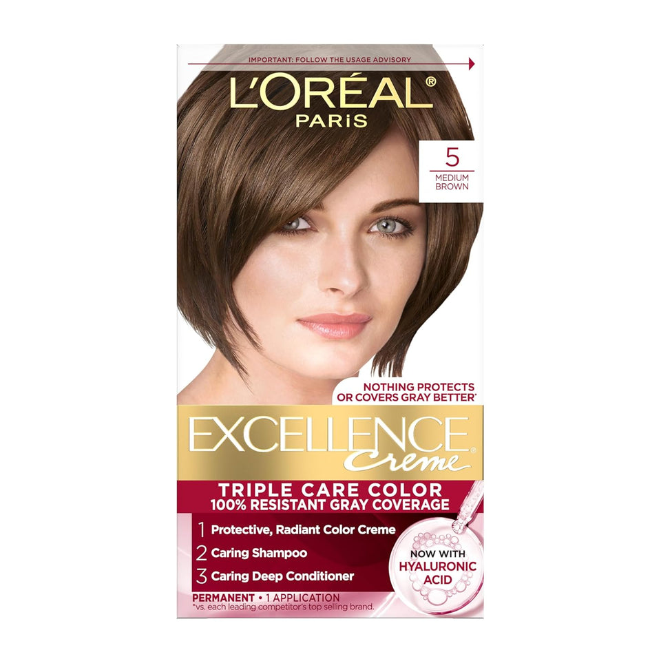 L'Oreal Paris Excellence Crème Permanent Hair Dye, TriCWe Care Hair Color with Hyaluronic Acid for 100% Gray Coverage, 5 Medium Brown, 1 Kit (Packaging May Vary)