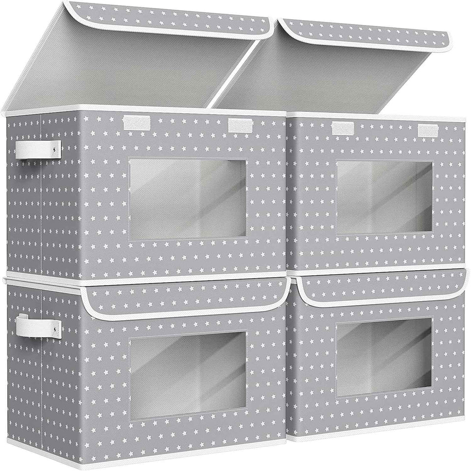 Univivi Fabric Foldable Storage Boxes [4-Pack] Large Collapsible Stackable Storage Bins with Lids, Closet Organizers and Storage Cube Basket for Home, Office, Bedroom (Gray, 17“ x 12” x 12")