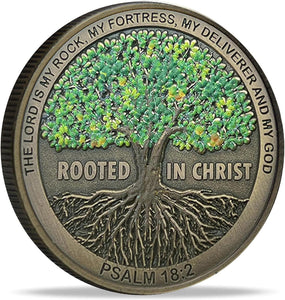 Rooted in Christ The Lord is My Rock, My Fortress, My Deliverer Faith-Based Christian Challenge Coin Bible Verse Gift (Single Coin)