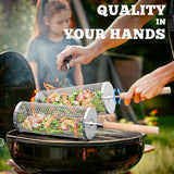 ivtivfu Rolling Grill Basket, Removable Wooden Handle, 304 Stainless Steel, Nesting BBQ Tools, Smoker Grilling Accessories for Vegetable, Outdoor Cooking Camping, Birthday Gifts for Men Dad Husband