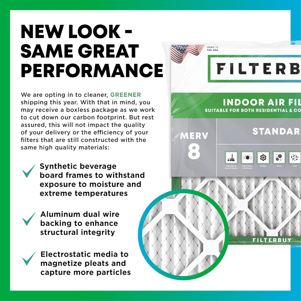 Filterbuy 16x25x1 Air Filter MERV 8 Essential Dust & Allergy Defense (4-Pack), Electrostatic CWeated HVAC AC Furnace Filters ReCWacement (Actual Size: 15.50 x 24.50 x 0.75)
