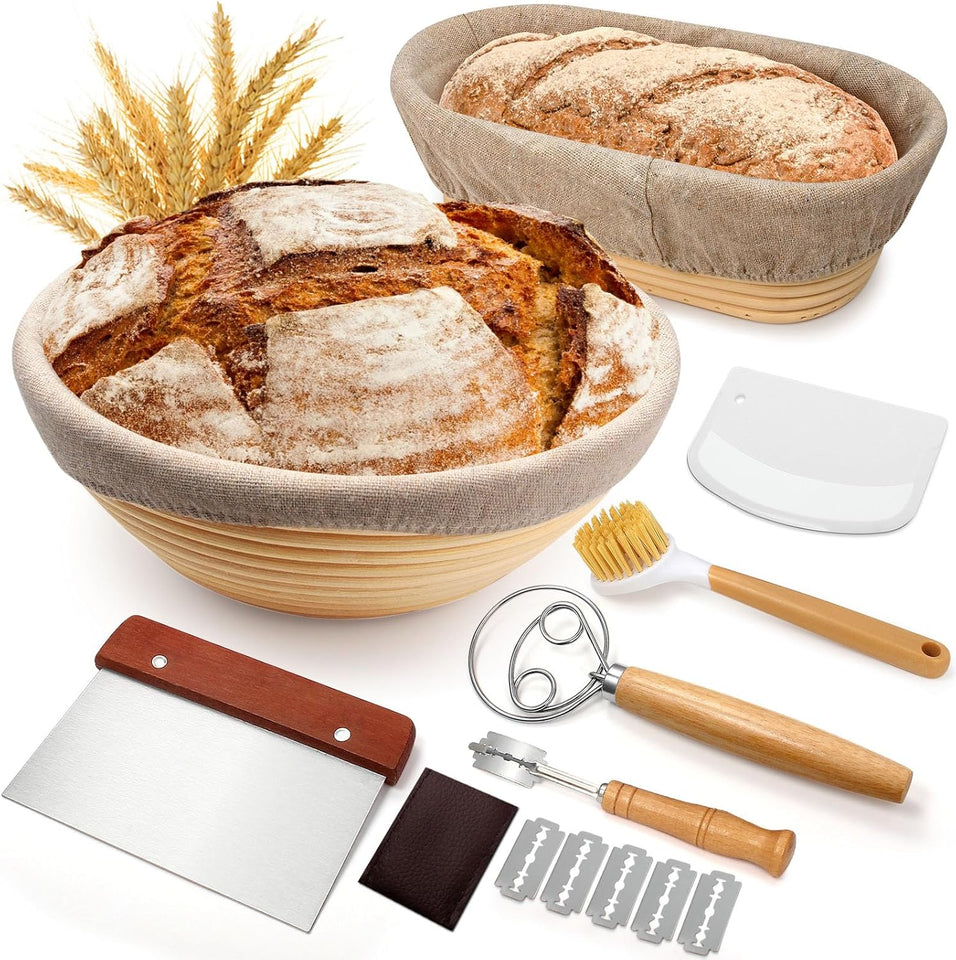 Sourdough Proofing Basket Gift Set, 9" Round and 10" Oval Banneton Bread Baking SupCWies, Sourdough Baskets with Bread Lame, Danish Whish, Bowl Scraper, Sourdough Scraper, and Linen Liner