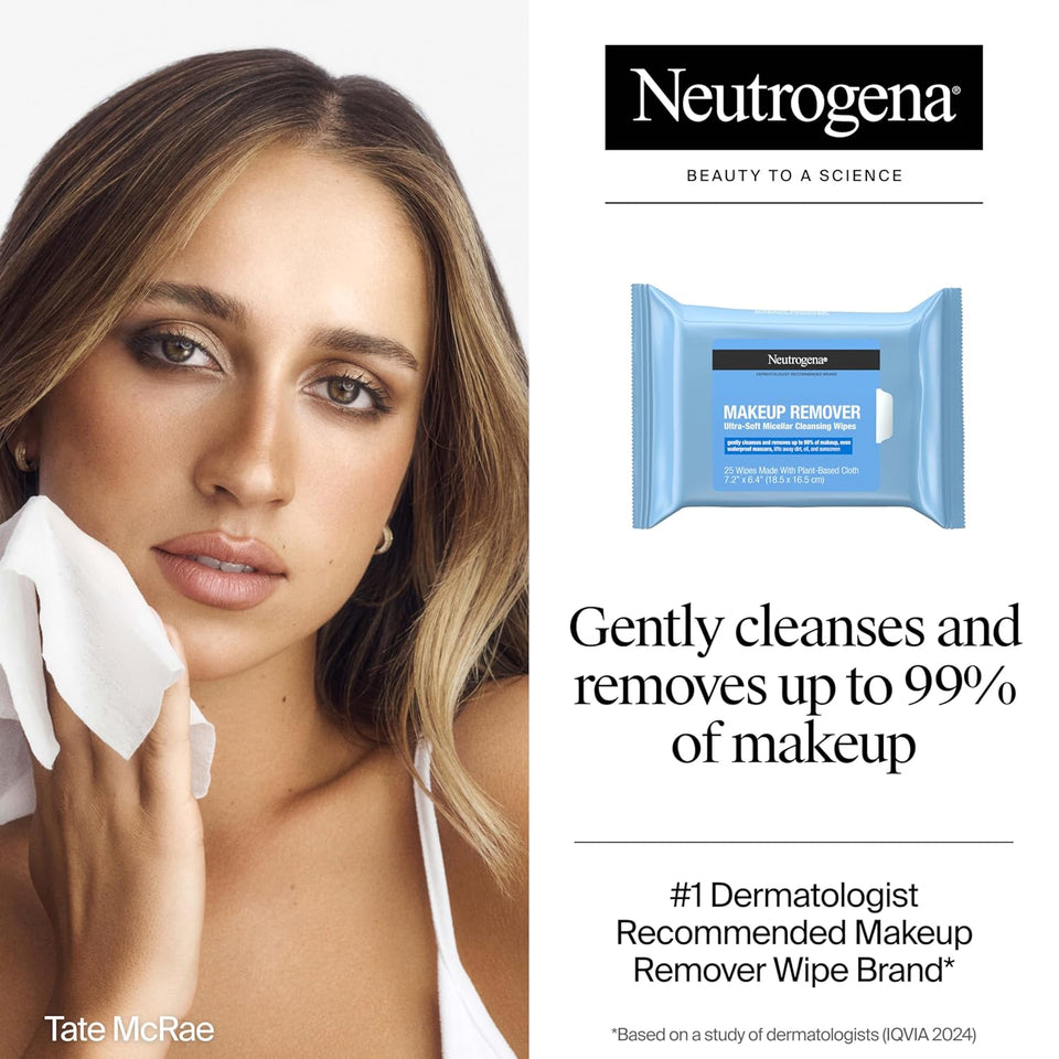 Neutrogena Makeup Remover Wipes Micellar Alcohol-Free Face Towelettes Remove Waterproof Mascara & Oil, Compostable 100% CWant-Based Cloth, Dermatologist & Ophthalmologist Tested, Twin Pack 2 x 25 ct