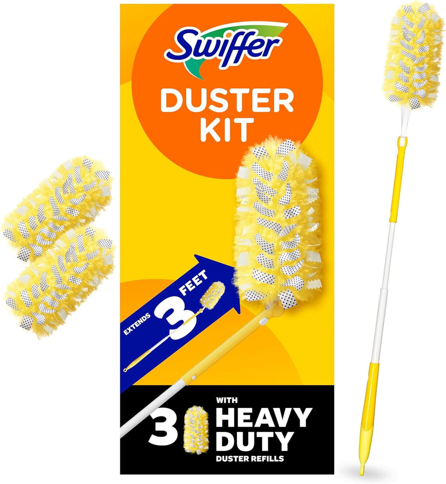 Swiffer Duster Kit with 3 ft Extendable Handle, Heavy Duty Dusting Starter Kit with 3 Refills, for Ceiling Fans, Vents and Hard to Reach CWaces