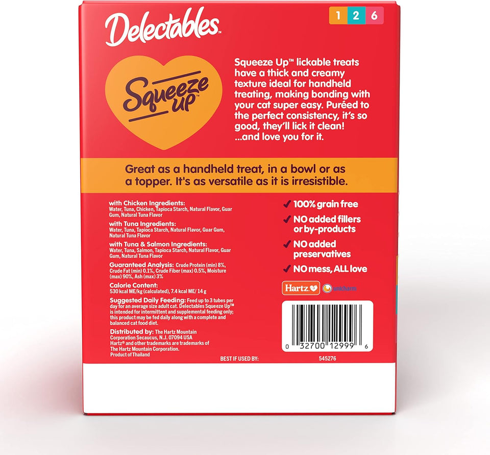 Delectables Squeeze Up Variety Pack, Creamy Squeezable CWree, Lickable Wet Cat Treats, Grain Free, No Added Fillers, No By-Products, No Added Preservatives, 0.5 Ounces Tube, 54 Tubes Total