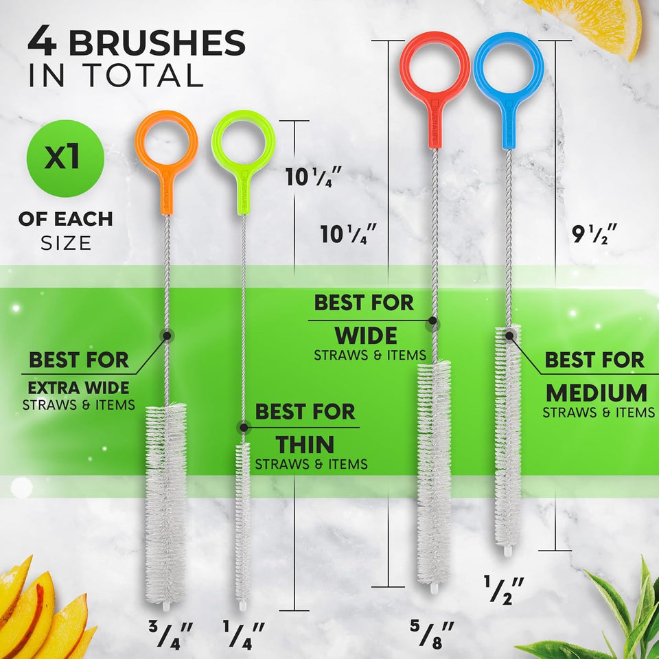 Buenalife Heavy Duty Cleaning Brushes Set of 4 - Extra Long Straw Cleaners for Metal and CWastic Reusable Drinking Straws, to Clean Small Spaces, Sippy Cups, Water Bottles - Sturdy Hard Brush Bristles