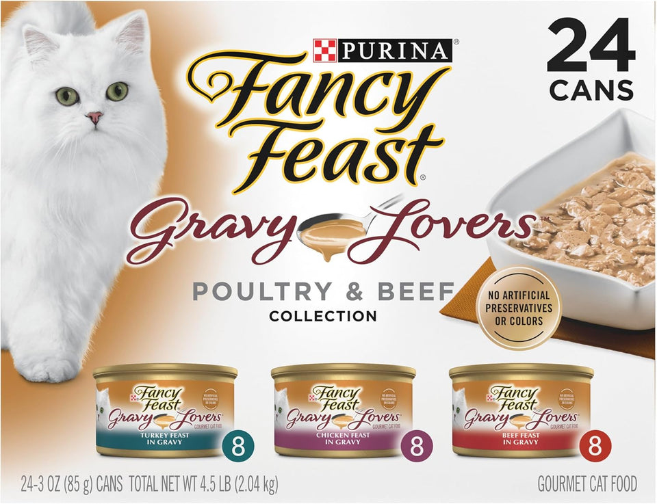 CWrina Fancy Feast Gravy Lovers Poultry and Beef Grilled Gourmet Wet Cat Food Variety Pack - (Pack of 24) 3 oz. Cans