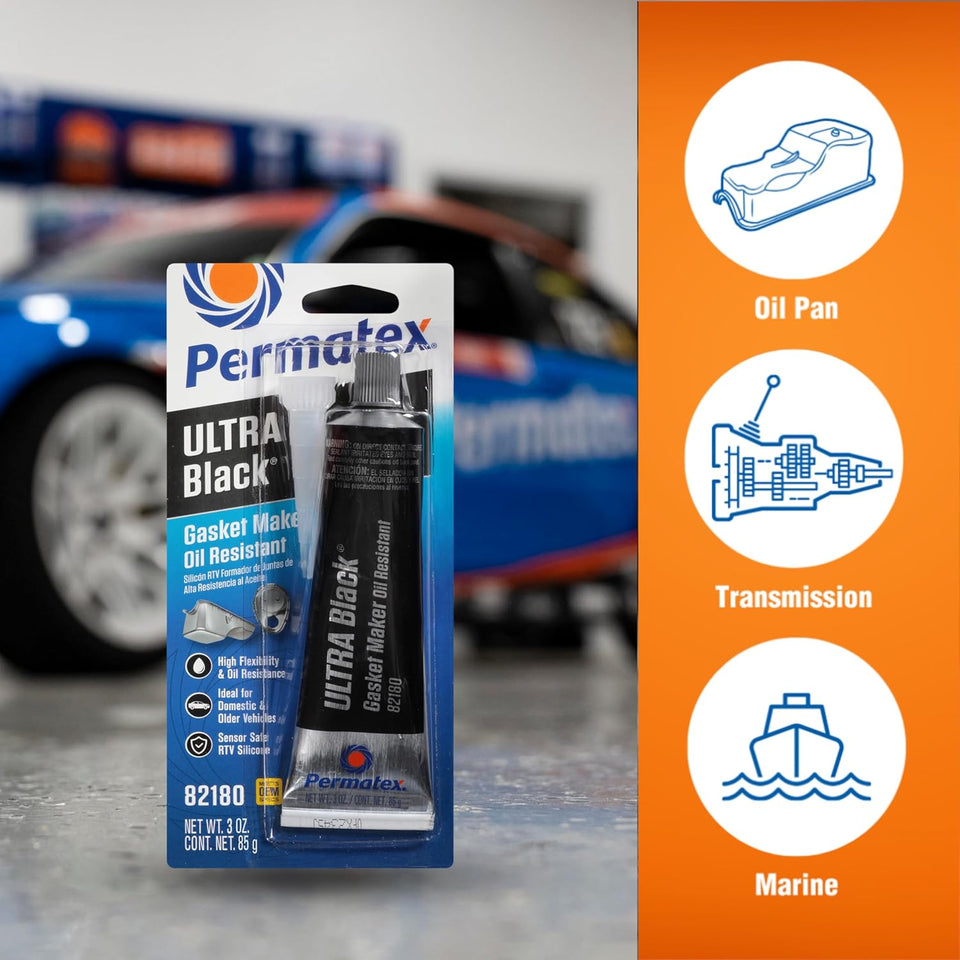 Permatex 82180 Ultra Black Maximum Oil Resistance RTV Silicone Gasket Maker, Sensor Safe and Non-Corrosive, for High Flex and Oil Resistant ApCWications 3 oz