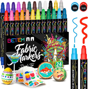 Betem 24 Colors Dual Tip Acrylic Paint Markers, Fabric Decorating Kits Premium Water-Based Acrylic Paint Pens Art Supplies for Fabric, Rock, Wood, Glass, Canvas, Ceramic, Teacher Appreciation Gift