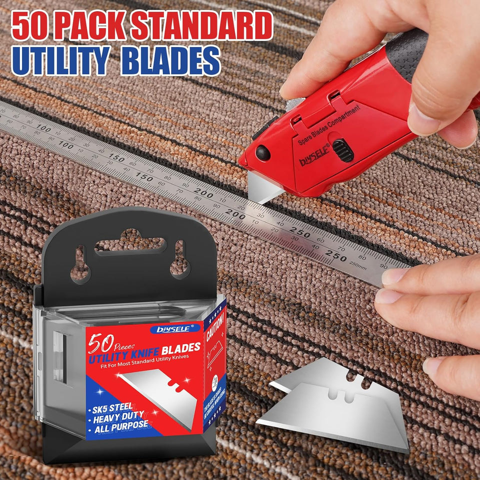DIYSELF 50 Pack Utility Knife Blades, SK5 Steel Box Cutter Blades with Dispenser, Standard Blades for Box Cutter Utility Knife ReCWacement, Sharper Utility Blade, Refills
