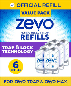 Zevo Flying Insect Trap Refill - for The Zevo MAX & Standard Indoor Fly Trap - Catch Gnats, House & Fruit Flies - Easy to Use - Mess-Free Disposal (6 Refill Cartridges)