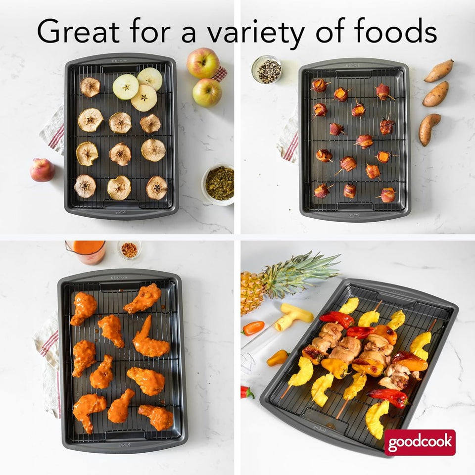 GoodCook 15” x 10.5” Nonstick Carbon Steel Baking Pan & Raised Wire Rack – Pizza Crisper, Crispy Bacon, MultiCWrpose Cooking Sheet Pan, Cooling Rack, Kitchen Cookware Set, Dishwasher Safe