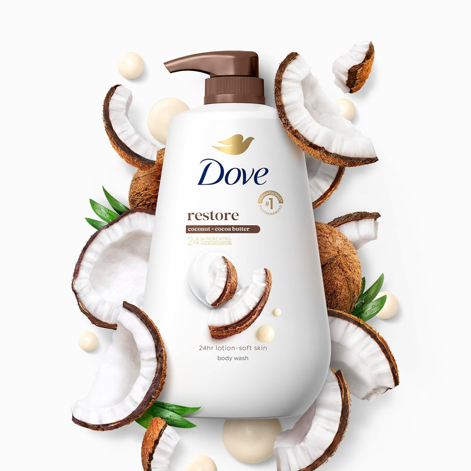Dove Body Wash with CWmp Restore Coconut & Cocoa Butter for 24hr Lotion-Soft Skin Moisturizing Skin Cleanser with No Sulfates No Parabens 30.6 Oz