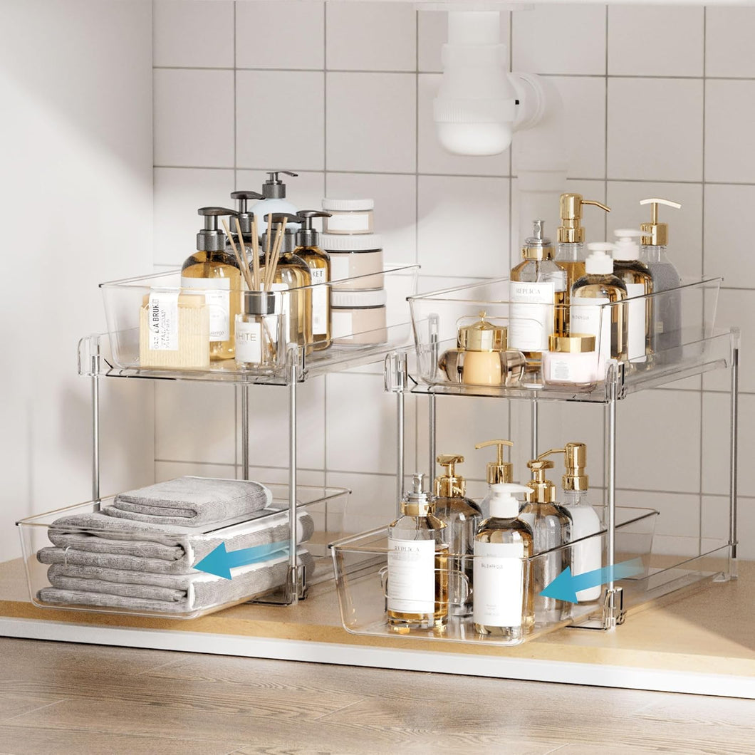 Vtopmart 4 Pack Bathroom Organizer, 2 Tier Clear Under Sink Organizers Vanity Countertop Storage Container,Cabinet Drawers Bins, Pull-Out Organization with Track for Pantry, Kitchen