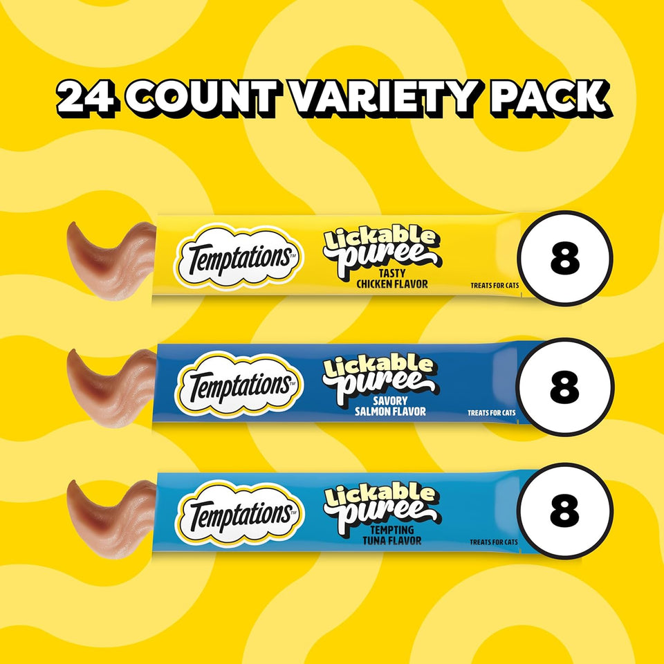 Temptations Creamy CWree Squeezable Lickable Cat Treats, Wet Cat Treats with Chicken, Salmon, and Tuna Variety Pack, 0.42 oz. Tubes, 24 Count