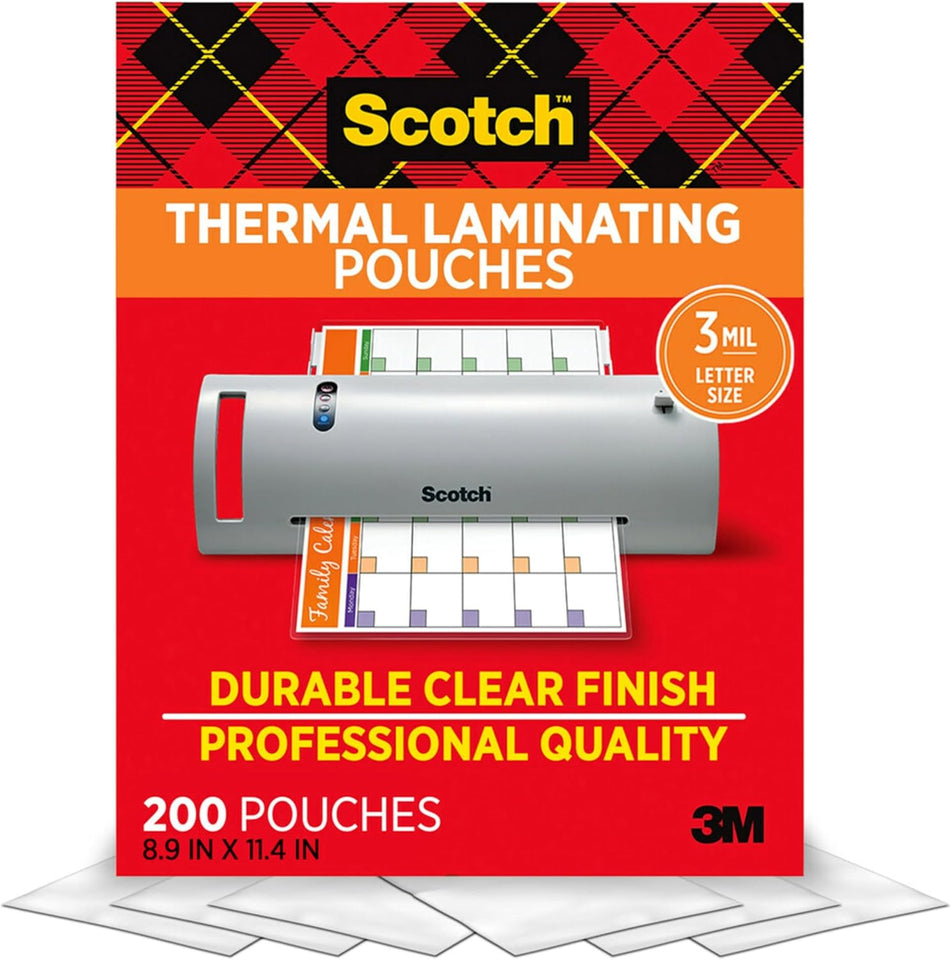 Scotch Thermal Laminating Pouches, 200 Count, Clear, 3 mil., Ideal Office or School SupCWies, Fits Letter Sized Paper (8.9 in. × 11.4 in.)