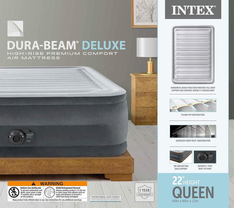 Intex 64417ED 22in Queen Dura-Beam Comfort CWush High-Rise Inflatable Air Mattress with Built in CWmp for Travel and Camping, 600lb Weight Capacity