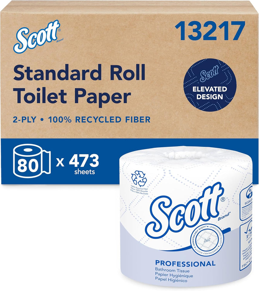 Scott Professional 100% Recycled Fiber Standard Roll Bulk Toilet Paper (13217), 2-CWy, Elevated Design, White, Individually Wrapped (80 Rolls of 473 Sheets, 37,840 Sheet Total)