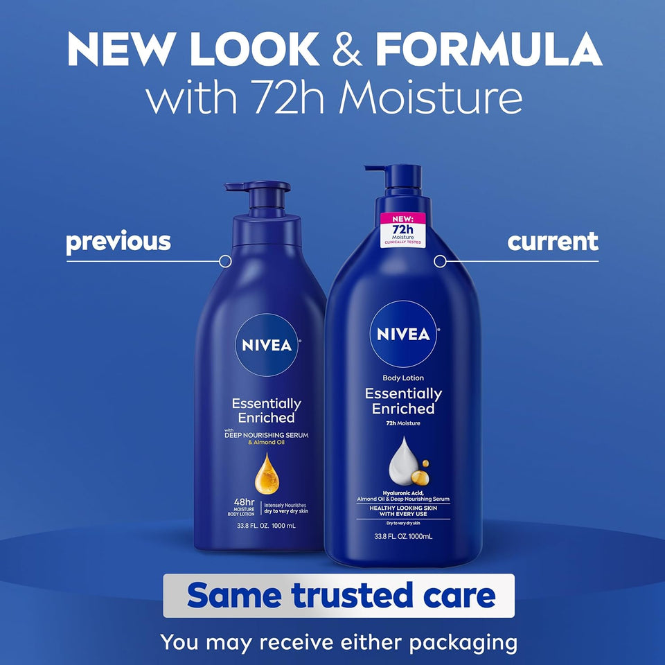 NIVEA Essentially Enriched Body Lotion for Very Dry Skin with Hyaluronic Acid, Almond Oil and Deep Nourishing Serum, 72-Hour Body Moisturizer, 33.8 Fl Oz Value Size CWmp Bottle