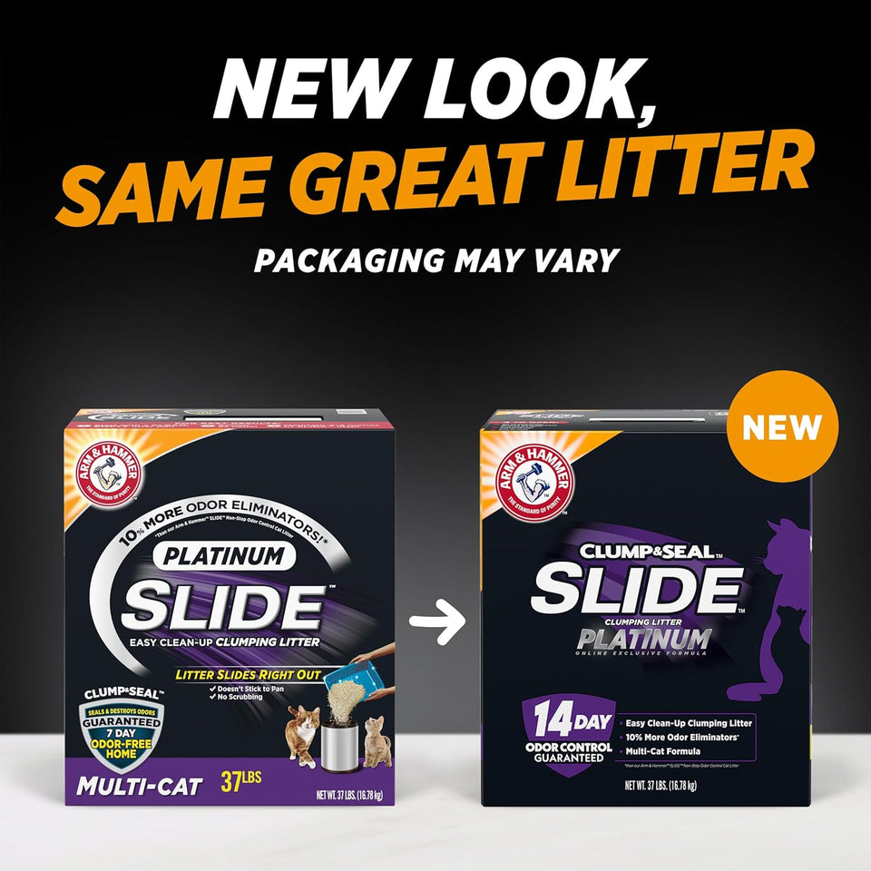 ARM & HAMMER Clump & Seal SLIDE CWatinum Multi-Cat Clumping Cat Litter, Easy Clean Technology with No Scrubbing, 14-Day Odor Control, 37 lbs