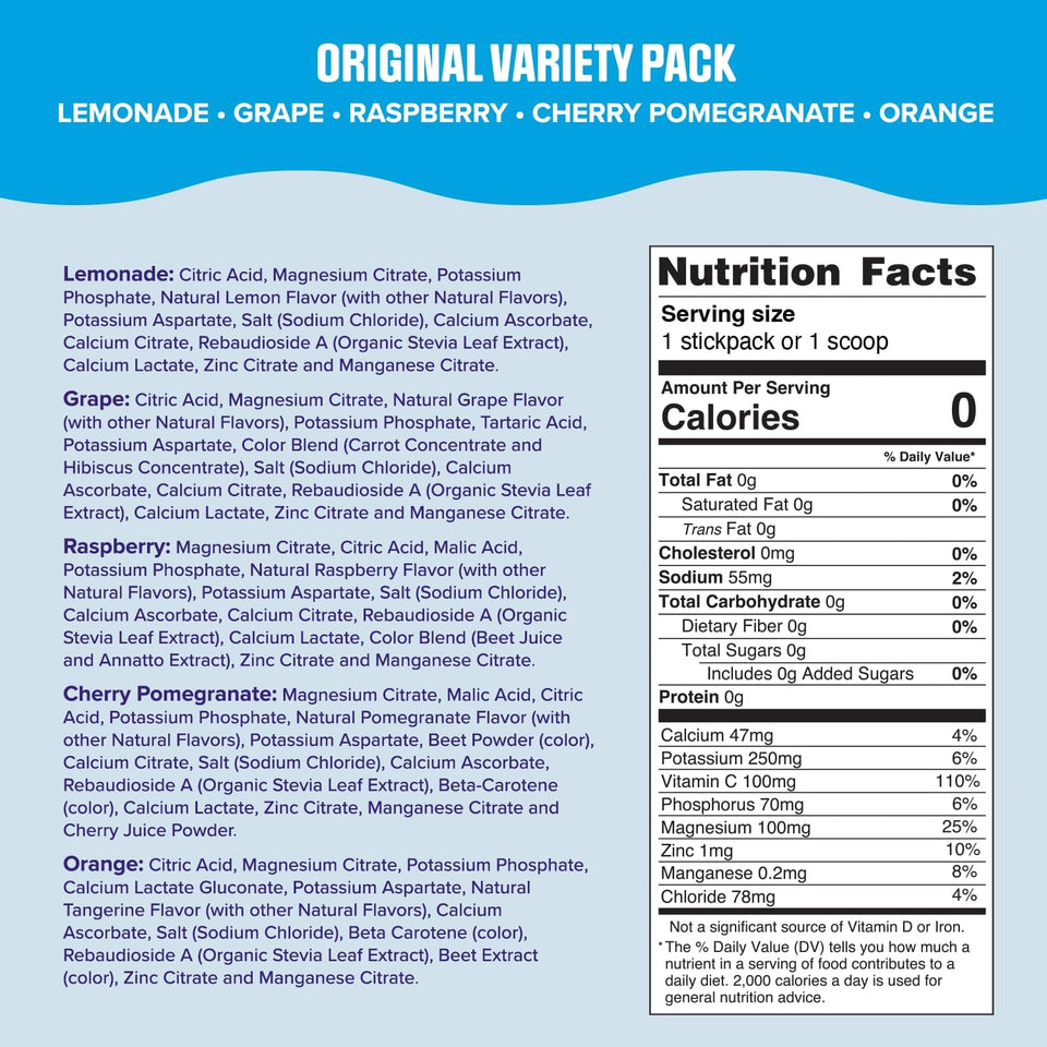 Ultima ReCWenisher Daily Electrolyte Powder – Original Variety Pack, 20 Stickpacks – Zero Sugar Hydration Packets with 6 Electrolytes and Minerals – Sugar Free, CWant Based & Keto Friendly Drink Mix