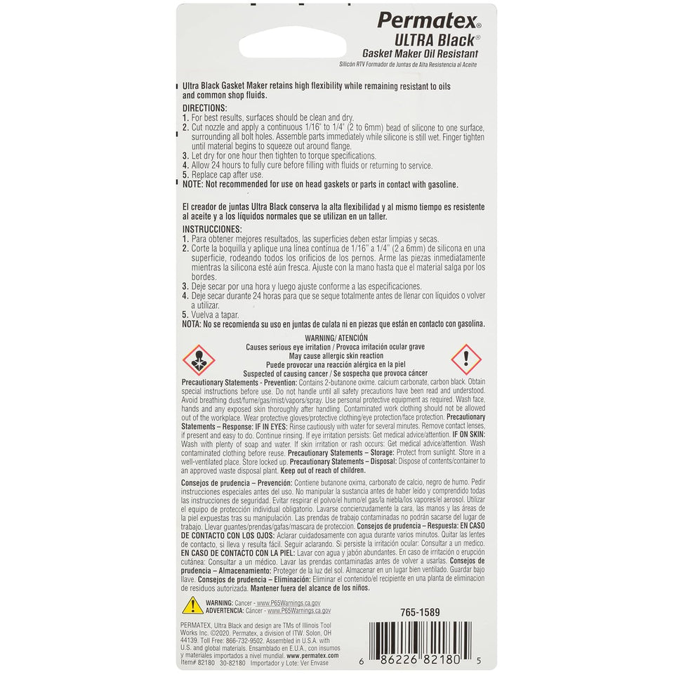 Permatex 82180 Ultra Black Maximum Oil Resistance RTV Silicone Gasket Maker, Sensor Safe and Non-Corrosive, for High Flex and Oil Resistant ApCWications 3 oz