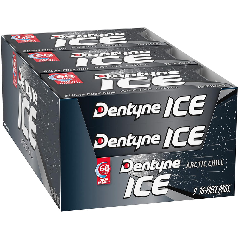 dentyne ice arctic chill sugar free gum, 9 packs of 16 pieces each, 144 total pieces