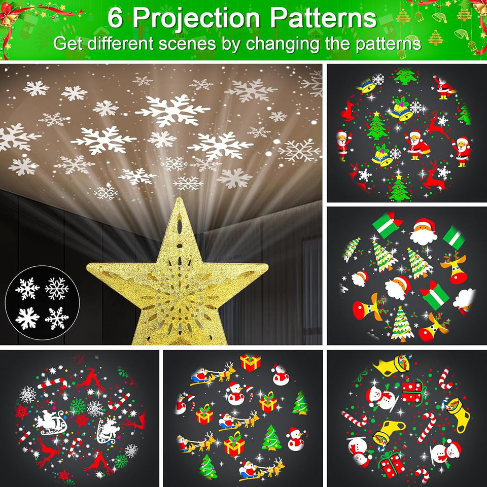 Christmas Tree Topper Projector Lights with 6 Projection Modes, Gold Star Christmas Tree Topper with Built-in LED Projector, Dynamic Projection for Christmas Party Holiday Decoration