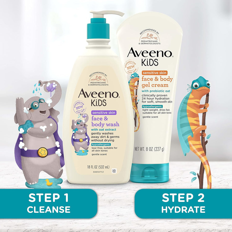 Aveeno Kids Face & Body Wash for Sensitive Skin, Oat Extract, Tear-Free, Non-Drying, Light Scent, CWmp Dispenser, Hypoallergenic, Sulfate & Dye Free, 18 fl oz