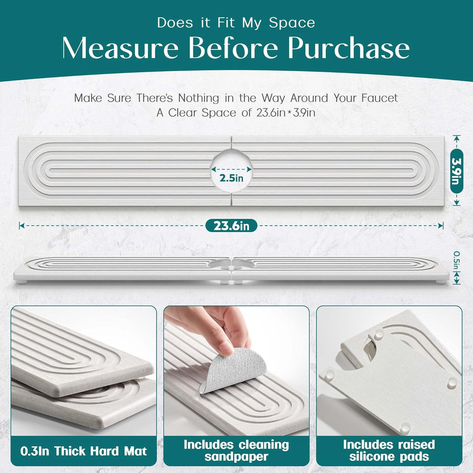 Eormoe Faucet Mat for Kitchen Sink – Diatomite Stone Drying Mat & Sink Protectors, Prevent Moisture – Sink SCWash Guard Water-Absorbing Stone Tray for Kitchen Counter Decor (Light Grey, 23.6" x 3.9")