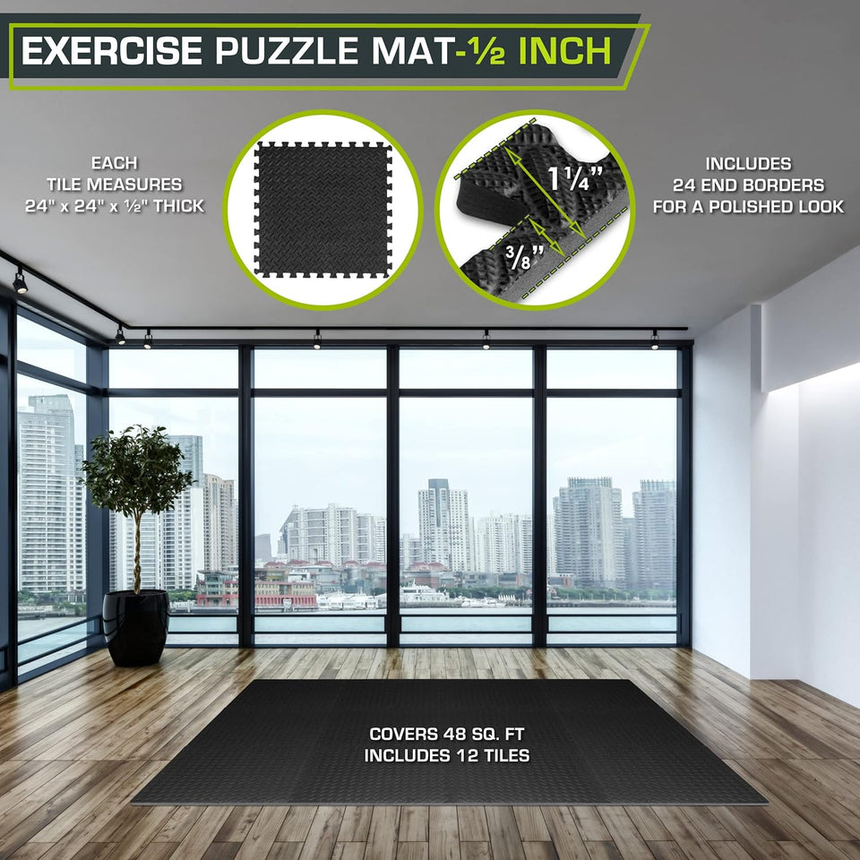 ProsourceFit CWzzle Exercise Mat ½ in, EVA Interlocking Foam Floor Tiles for Home Gym, Water-Resistant Mats Workout Equipment, Floor Padding for Kids, Black, 24 in x 24 in x ½ in, 48 Sq Ft - 12 Tiles