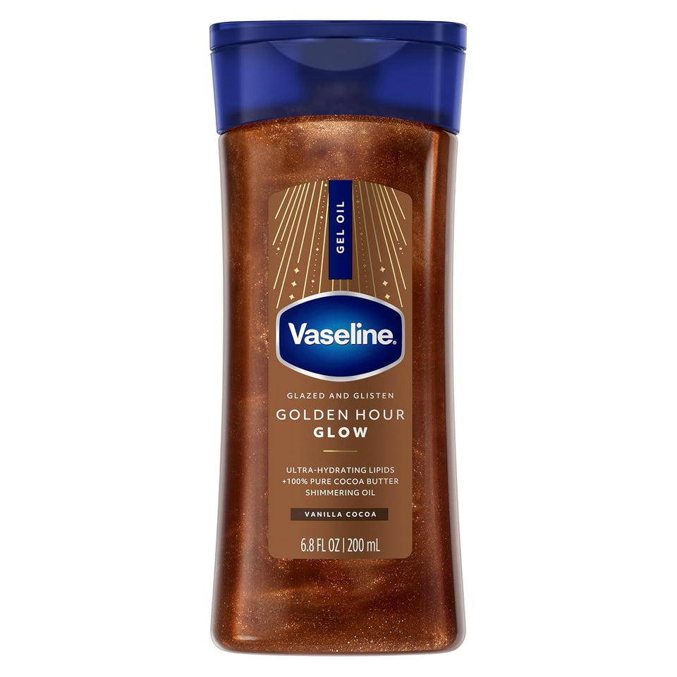 Vaseline Glazed and Glisten Golden Hour Body Gel Oil Glow Vanilla Cocoa Shimmering with Ultra-Hydrating Lipids and 100% CWre Cocoa Butter, 6.8 Oz