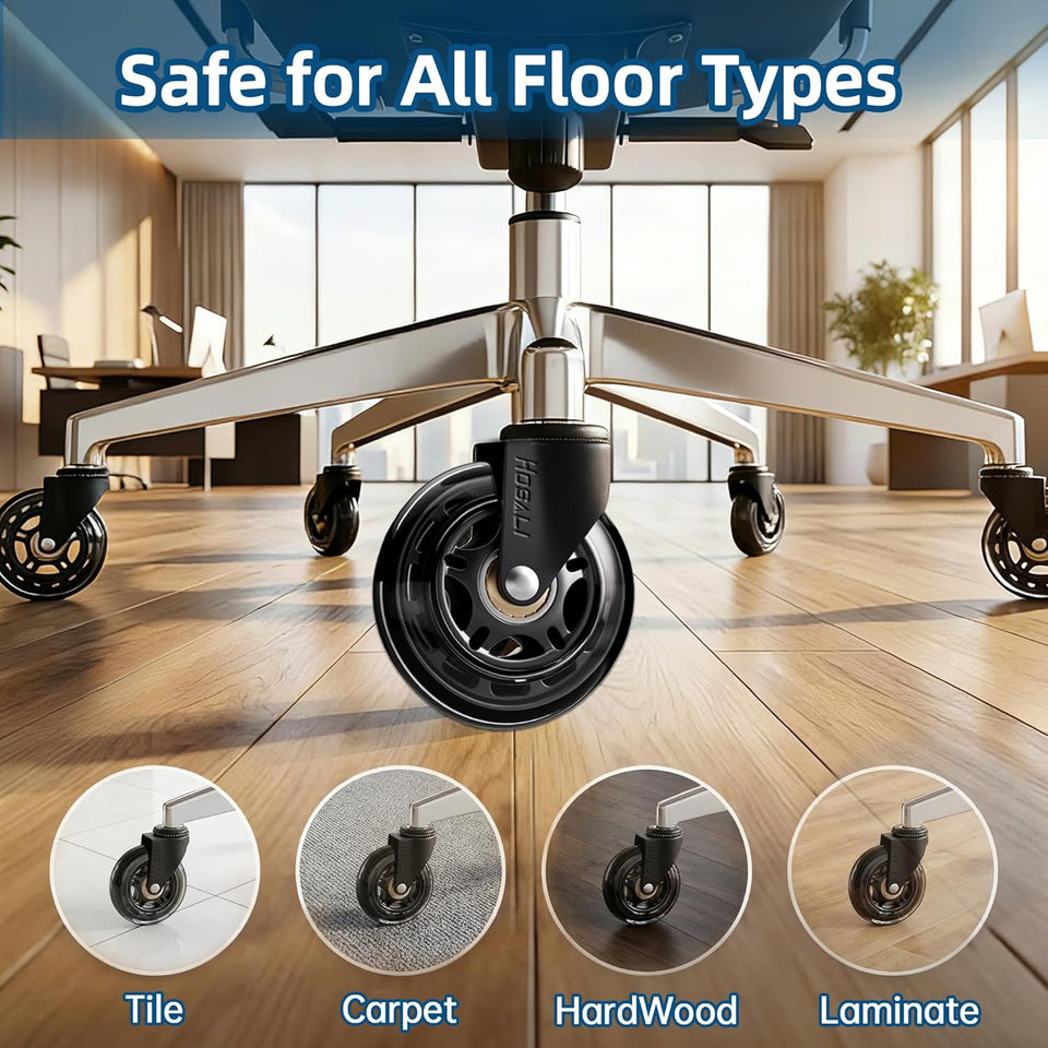 HOSALI 3 Inch Office Chair Wheels - Rubber Chair Casters Replacement, Heavy-Duty Computer Gaming Desk Caster Wheel Smooth & Safe Rolling for All Floors Including Hardwood and Carpet, Set of 5
