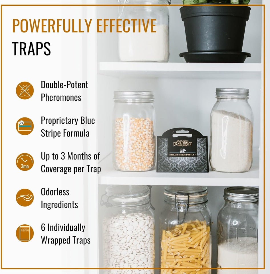 Dr. Killigan's Premium Double Potent Pantry Moth Traps with Pheromones Prime, Sticky Indian Meal Moth Traps for Kitchen, How to Get Rid of Moths in House, Organic Moth Pheromone Traps (6 Pack, Black)