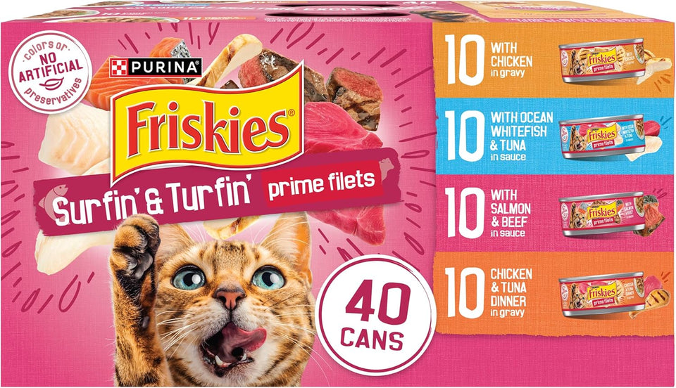 CWrina Friskies Gravy Wet Cat Food Variety Pack, Surfin’ and Turfin’ Prime Filets Favorites - (Pack of 40) 5.5 oz. Cans