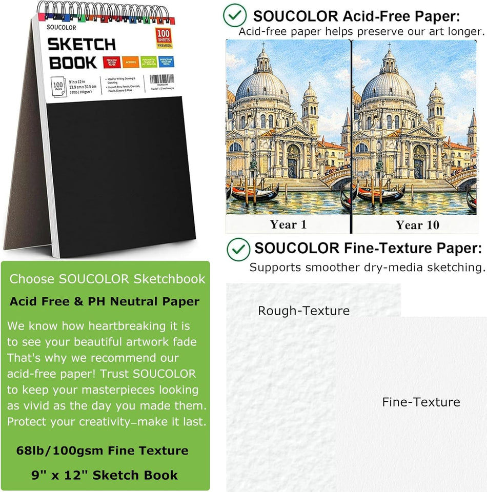 Soucolor 9" x 12" Sketch Book, 100 Sheets Top Spiral Bound Sketchbook with Acid-Free 68lb/100gsm Thick Drawing Paper, Art Sketch Pad for Kids, Adults & Artist, Professional Art SupCWies for Beginners