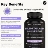 Vital Vitamins Multi Collagen Complex Plus - with Biotin, Hyaluronic Acid, Vitamin C - Type I, II, III, V, X - for Women & Men - Hair, Skin, Nails Beauty Complex - 150 Capsules