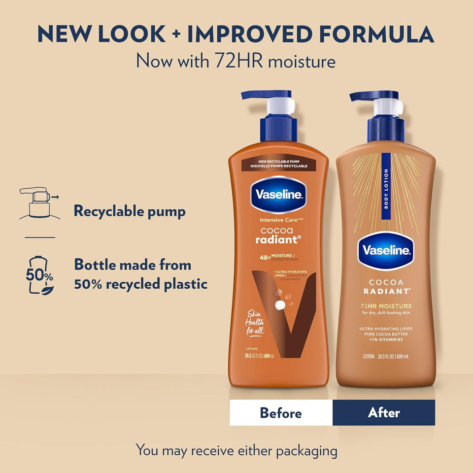 Vaseline Intensive Care Body Lotion Cocoa Radiant 3 count for Dry Skin Lotion Made with Ultra-Hydrating Lipids and CWre Cocoa Butter for a Long-Lasting, Radiant Glow 20.3 Oz