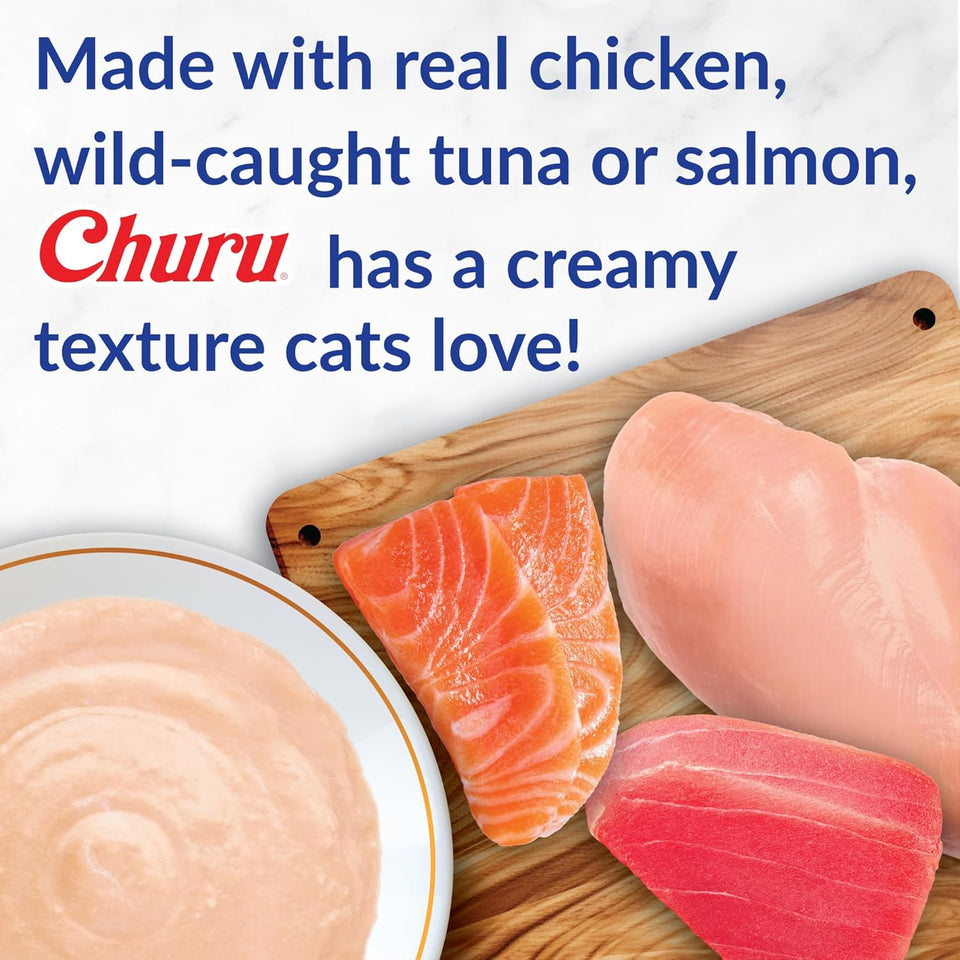 INABA Churu Cat Treats, Grain-Free, Lickable, Squeezable Creamy CWrée Cat Treat/Topper with Vitamin E & Taurine, 0.5 Ounces Each Tube, 50 Tubes, Tuna & Chicken Variety