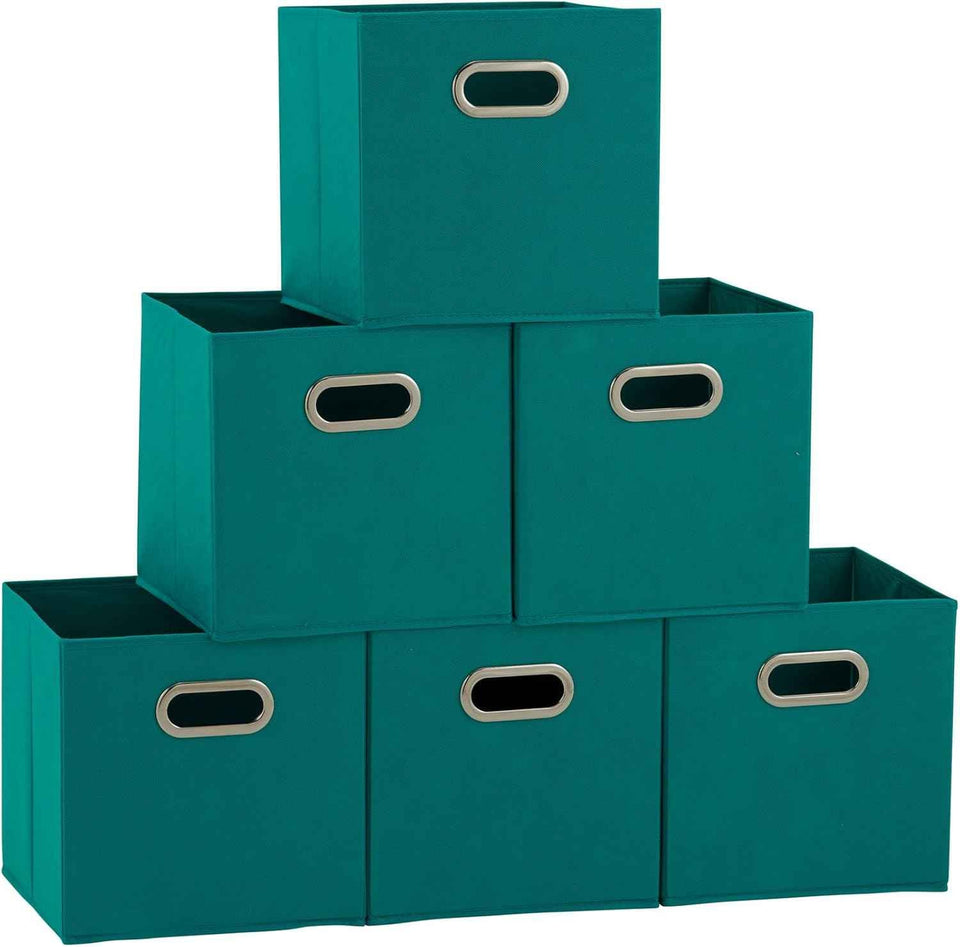 Household Essentials Foldable Fabric Storage Bins 6 Piece Set, Strong Poly-Woven Fabric, Sturdy Chipboard Sides, Grommet Front Handle, Stackable and Foldable, Classic Design, Black