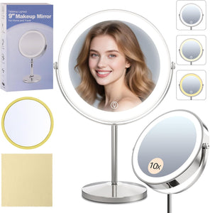 9" Magnifying Mirror with Light 1X/10X, Makeup Mirror with Light includes small mirror, 2000mAh Rechargeable, 360° Rotation, 3 Color Modes, Double-Sided, Ideal for Eyebrows, Lenses & Skincare