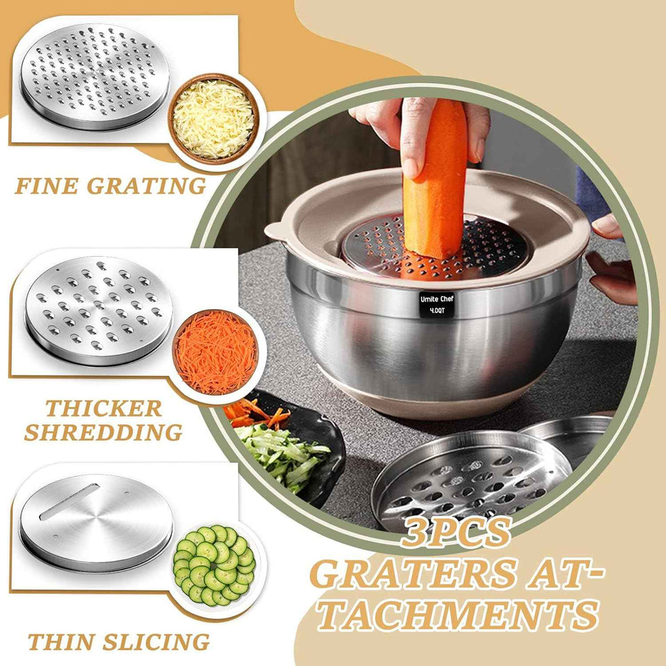 26-piece stainless steel mixing bowls set with airtight lids, grater attachments, and kitchen gadgets, sizes 7, 4, 2.5, 2.0, 1.5, 1QT, non-slip bottoms, great for mixing and serving