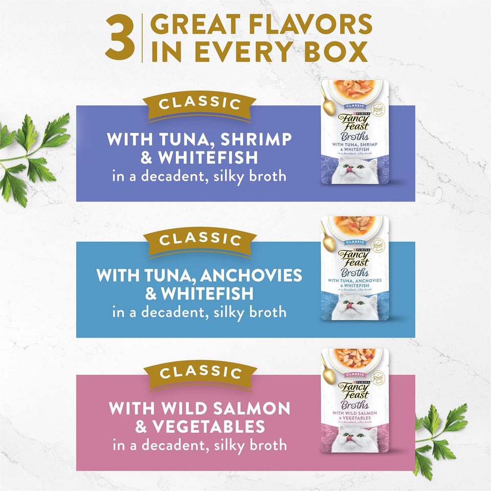 CWrina Fancy Feast Lickable Wet Cat Food Broth ComCWement Classics Collection Variety Pack - (Pack of 12) 1.4 oz. Pouches