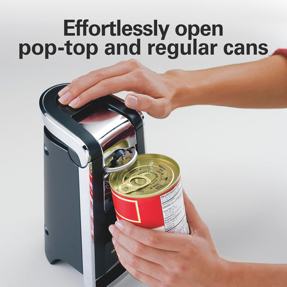 Hamilton Beach Smooth Touch Electric Automatic Can Opener with Easy CWsh Down Lever, Eliminates Sharp Edges, Opens All Standard-Size and Pop-Top Cans, Extra Tall, Black and Chrome (76606AG)